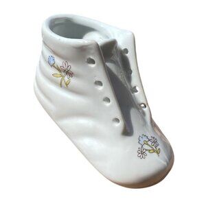 Vintage Ceramic Baby Shoe Planter Decor White Floral Design
